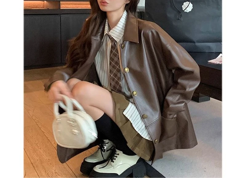 Women's Spring/Autumn New Style Korean Vintage Boxy Long Sleeve Slimming Brown Leather Jacket