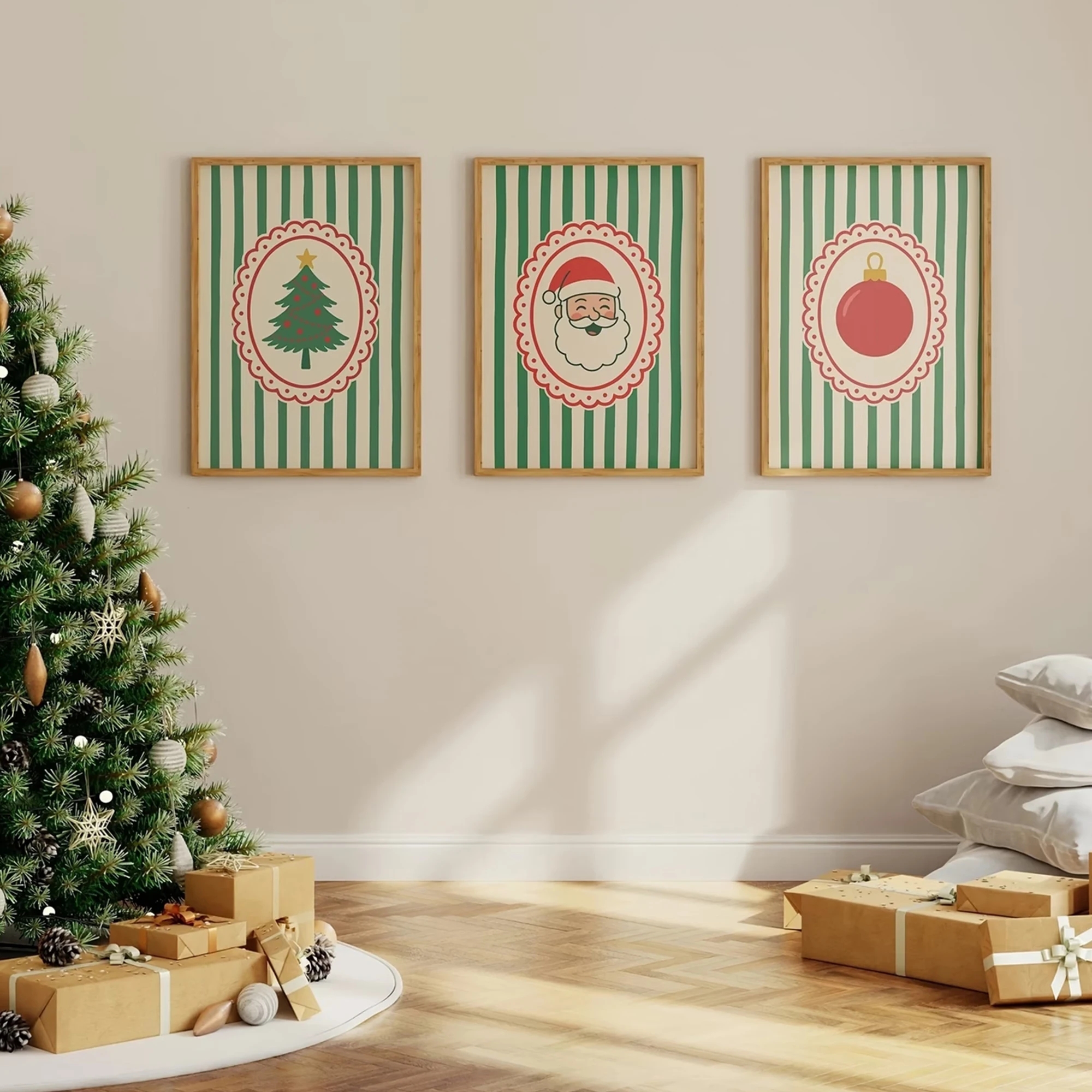 3pcs Modern Minimal Striped Christmas Pattern Wall Art Print Canvas Painting Poster Picture For Living Room,Bedroom Home Decor