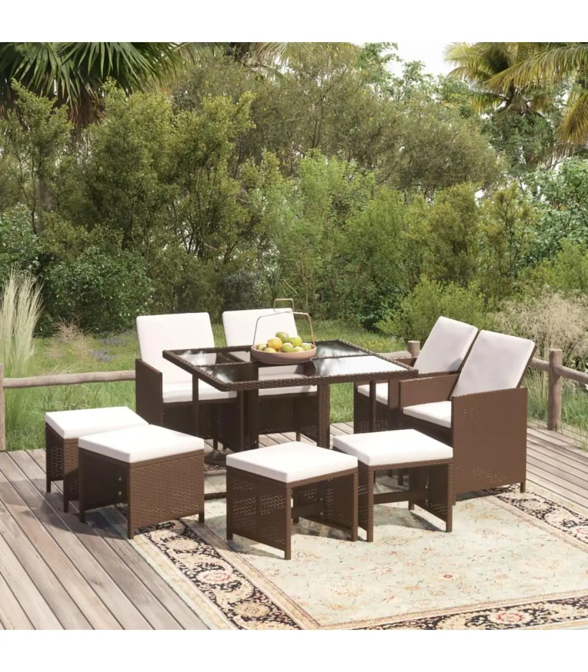 Garden Sets Garden Garden Set 9 PCs with Cushions Synthetic Brown Rattan