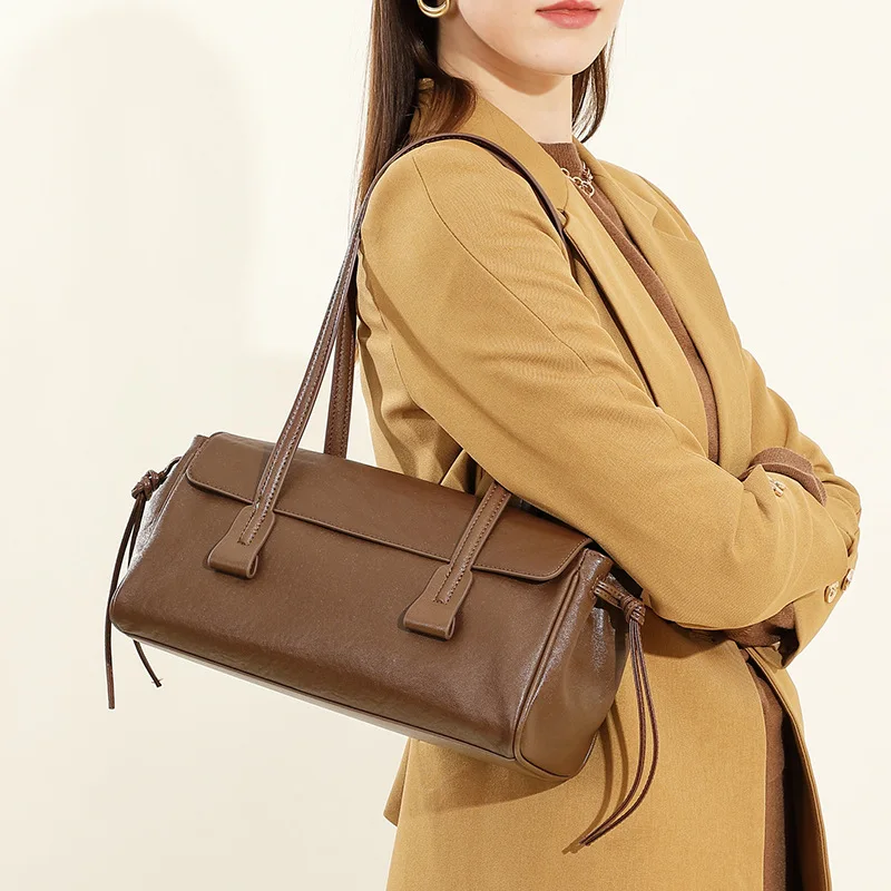 New Genuine Leather Women's Underarm Shoulder Bag Large Capacity Cowhide Luxury Pillow Handbag Long Strip Baguette Bag Female