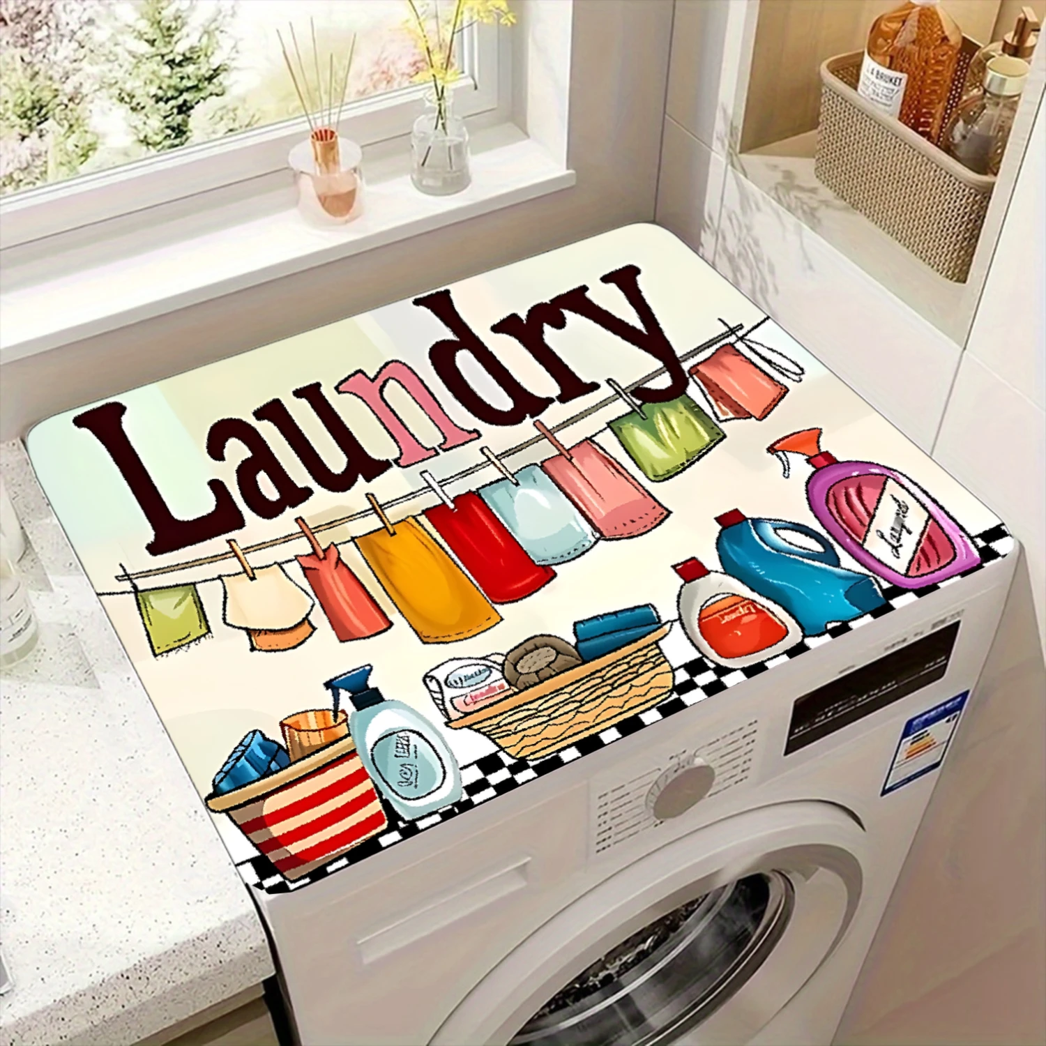 

1pc Laundry Machine Cover With Colorful Clothesline Design And Detergent Pattern For Washing Machine Protection And Decoration