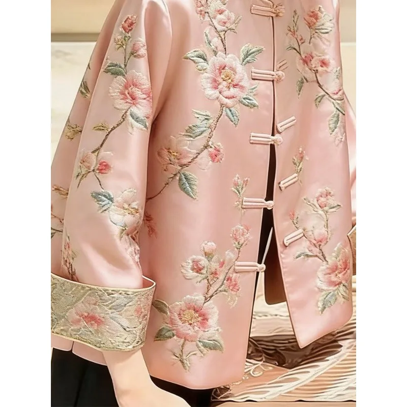 High Quality Print Coat Premium Sense New coat Women's Spring Autumn Jacket 2026 New Popular Retro Tang Top Pink  Jacket