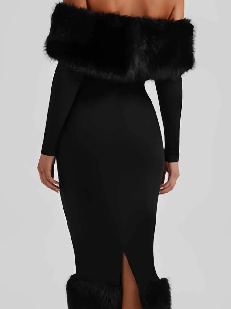 Tempérament dame automne hiver robe Sexy une épaule fourrure épissé robe moulante élégant noir à manches longues mince portefeuille hanches robe