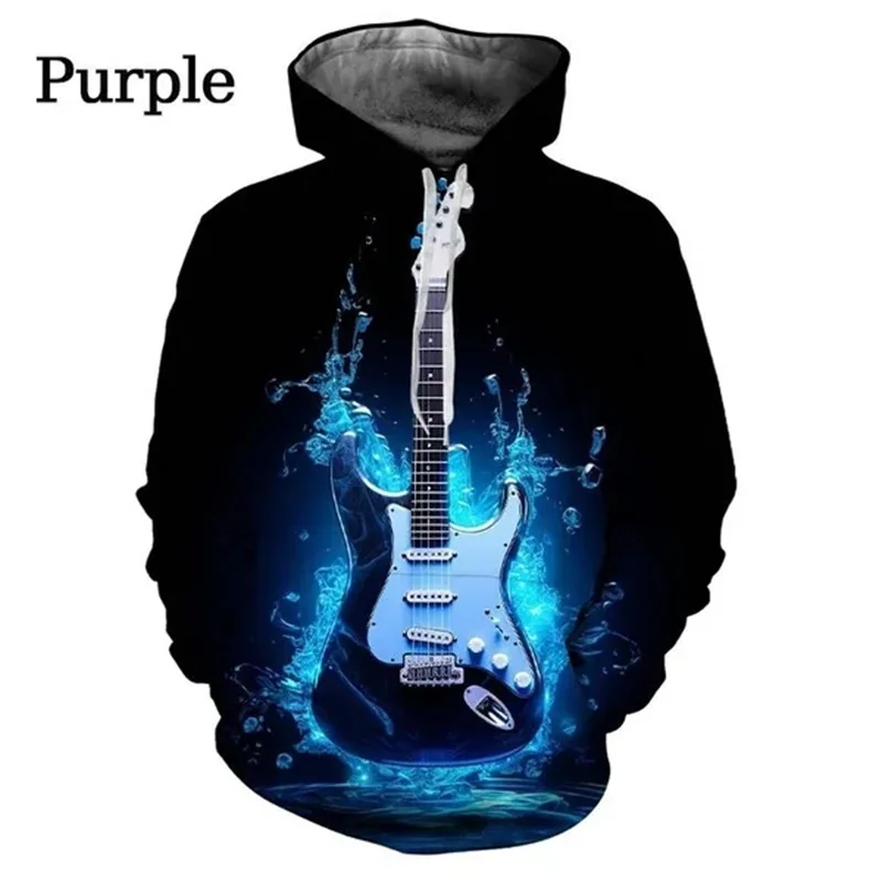 Blue Guitar Graphic Hoodie For Men Musical Instrument 3D Printed Long-Sleeved Pullover Loose Hoodies Tops Sweatshirt Streetwear