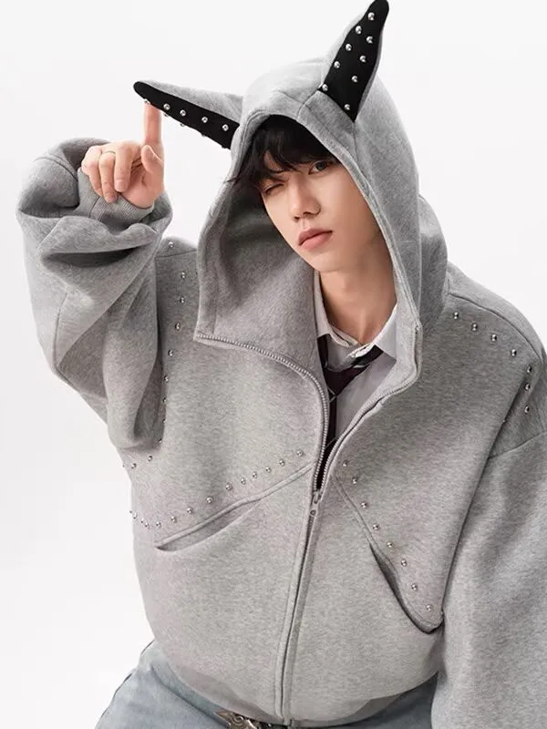 

Rustic Design Rivet Splicing Doberman Earmuff Hoodie ex Autumn Trendy Heavyweight Couple Jaet Loose Fit Long Sve