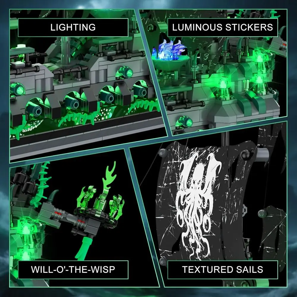 Set di blocchi da costruzione per nave pirata da 1100 pezzi con luce, ideale per adulti e bambini, perfetto arredamento per l'home office e regalo di compleanno