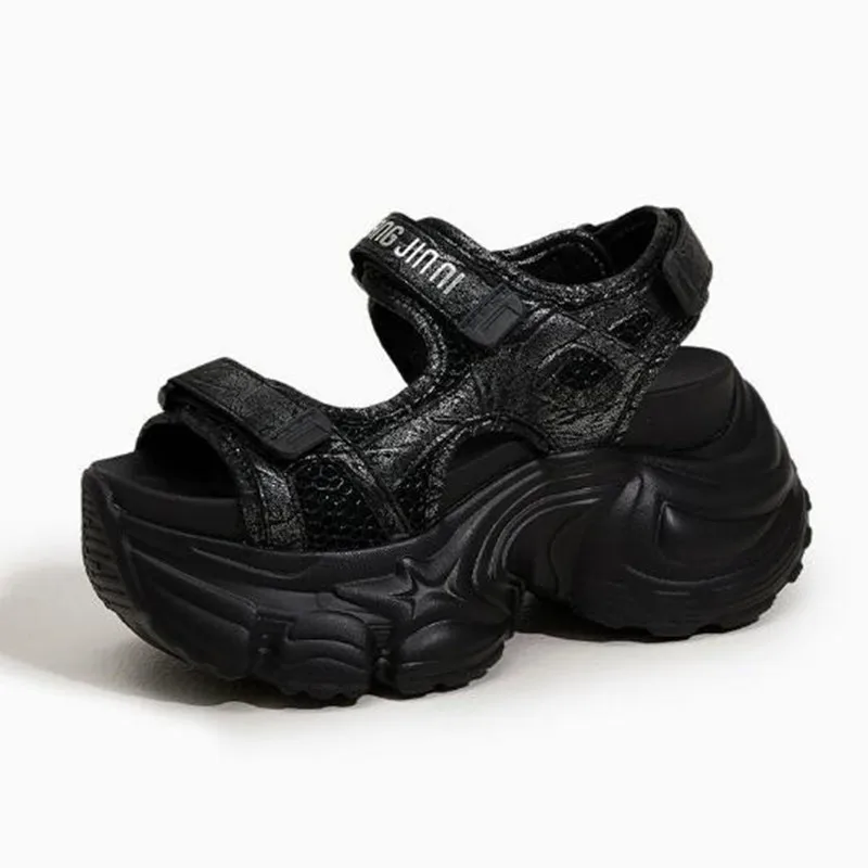 

9CM Summer Synthetic Microfiber Leather Sandals Peep Toe High Platform Slippers Women Hollow Flats Chunky Sneakers Beach Shoes