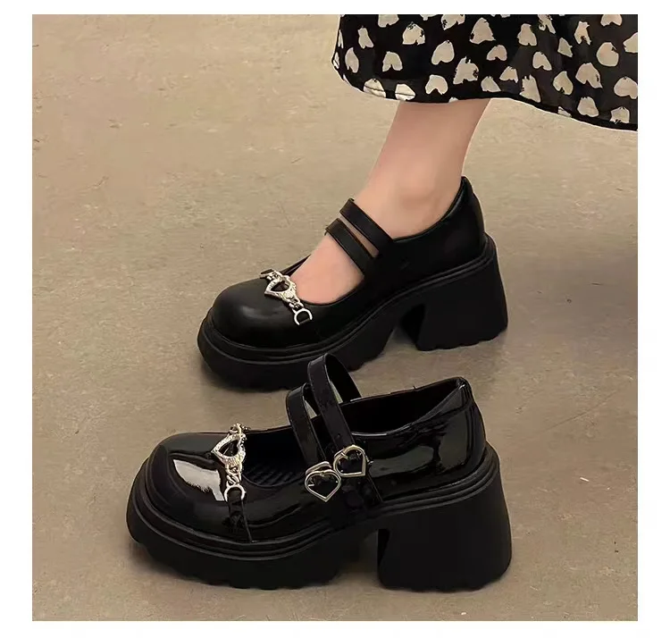 2024 New High Heel Lolita Shoes for Women Punk Platform Pumps Japanese Ladies Patent Leather Mary Jane Shoes Black Goth Footwear