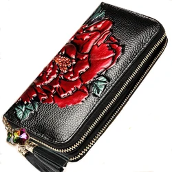 Floral Real Cow Leather Purse Long Genuine Leather Wallet Woman Double Zipper Card Holder Clutch Hand Bag For Cell Phone
