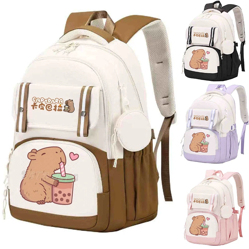 Cute Capybara Bubble Tea Backpack Women Girls Large Capacity Schoolbags Children Kids Capybara Lover Gifts Bags Student Bags