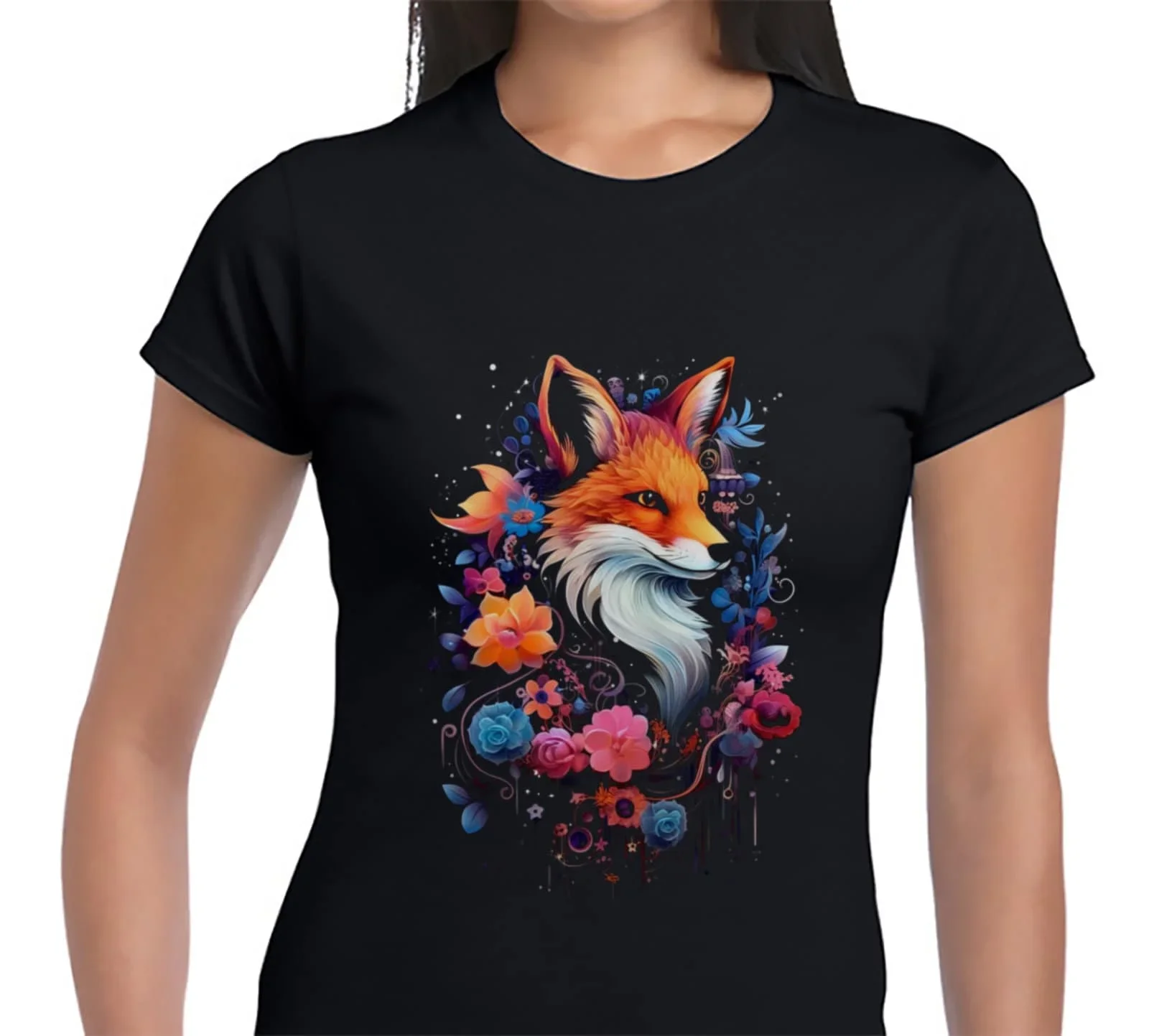 Fox T Shirt Red artwork vivid floral Lady Fit