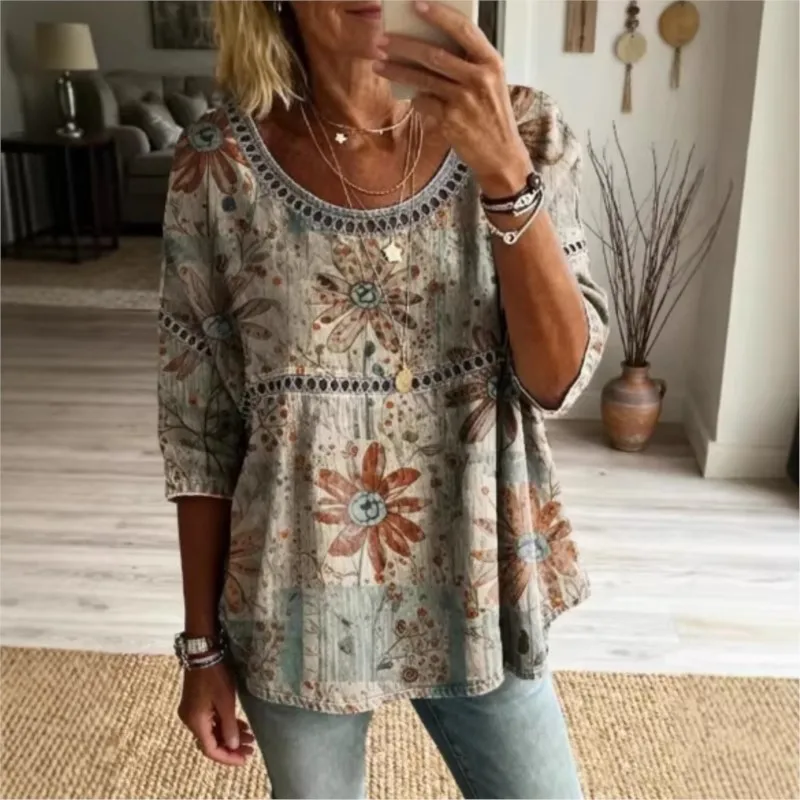 

Summer Print Short Sleeve Blouses New Women's Loose Round Neck Hollow Casual Top Lace Splicing T-shirt Fashion Shirt For Women