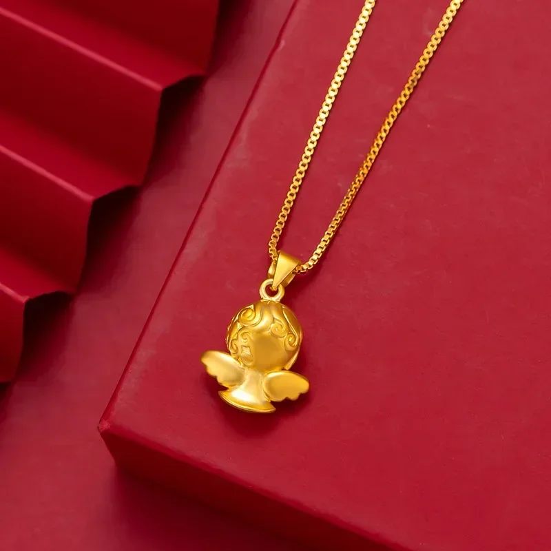 9999 Real Gold 24K Women's Japan and Korea Fashion 3D Hard Gold Angel Necklace Angel Pendant Collarbone Chain