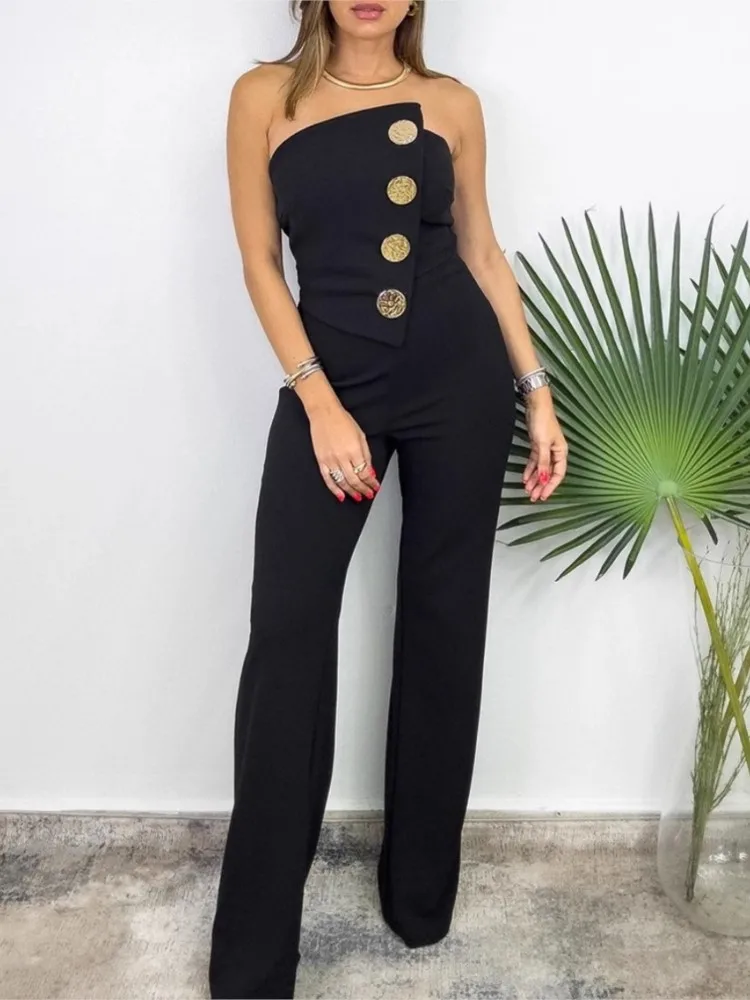 2025 Asymmetrical Bandeau Strapless Jumpsuit Metal Button Decor Casual Overalls Jumpsuits Commuting Workwear Rompers