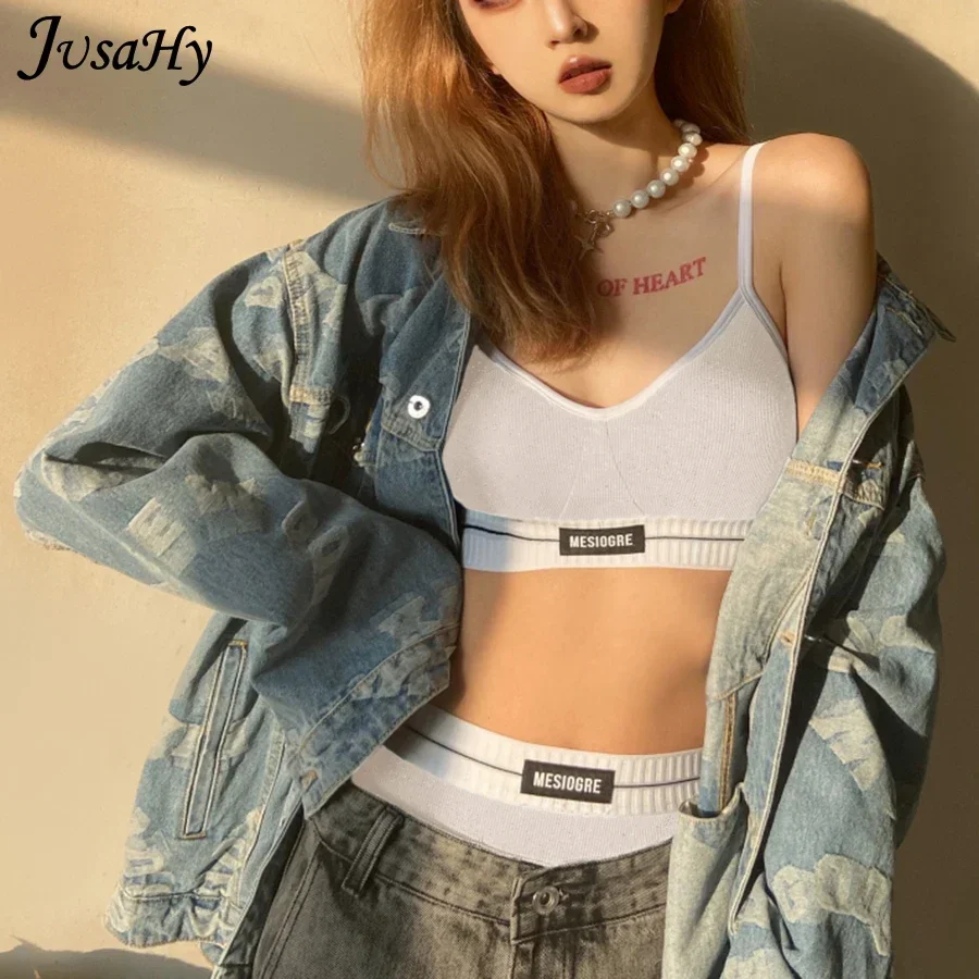 JusaHy Beach Style Two Piece Sets Women V-Neck Casual Letter Embroidery Camisole Top+Briefs Matching Shorts Vacation Outfits Hot