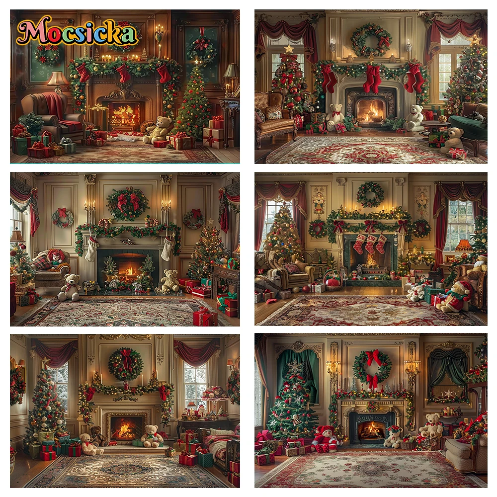 Mocsicka Christmas Winter Photography Background Christmas Flower Knot Bear Holiday Party Family Portrait Photo Backdrops Studio