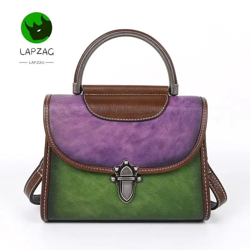 Lapzag Matte Black Red Messenger Evening bags party handbag Retro Green Color blocking Genuine Cowhide Shoulder Bag For Women