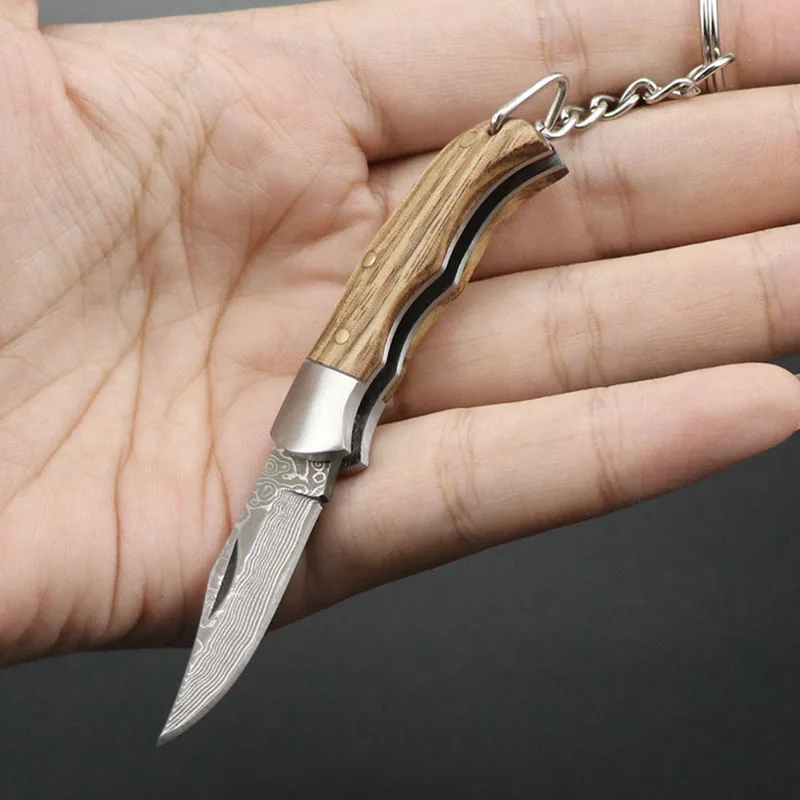 

Damascus Steel Folding Knife Keychain with Safe Wood Handle, Mini Outdoor Pocket Cutting Tool, When Camping Daily Cut Easily