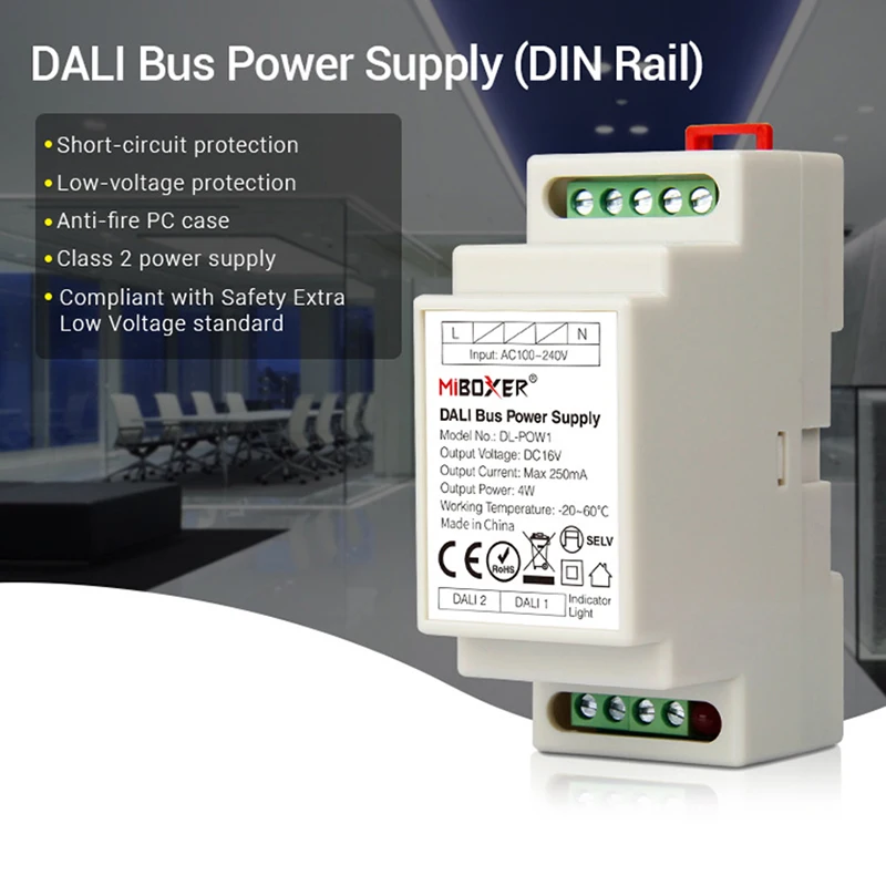 Miboxer DC16V 4W Max250mA LED Transformer DL-POW1 DALI Bus Power Supply (DIN Rail) For AC 110V 220V DALI RGB CCT Led Downlight