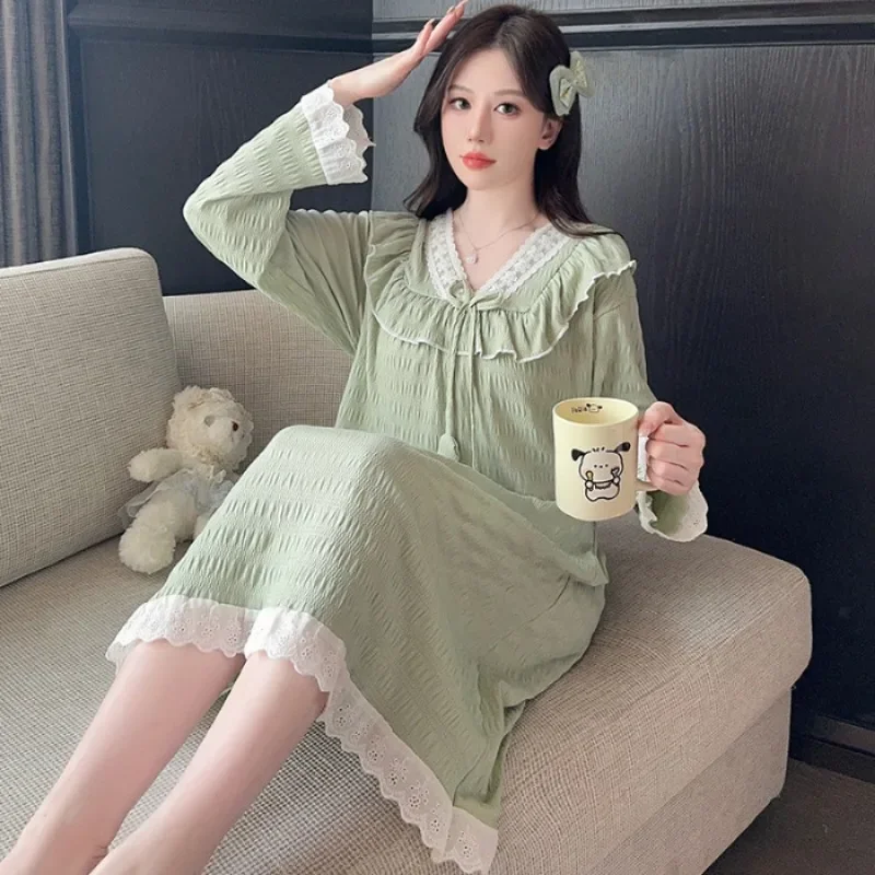 5XL Plus Size Women\'s Sleepwear Spring Princess Home Dress Lace Cotton Cream-colored Pajamas Sleepshirts Loose Nightgown Nightie