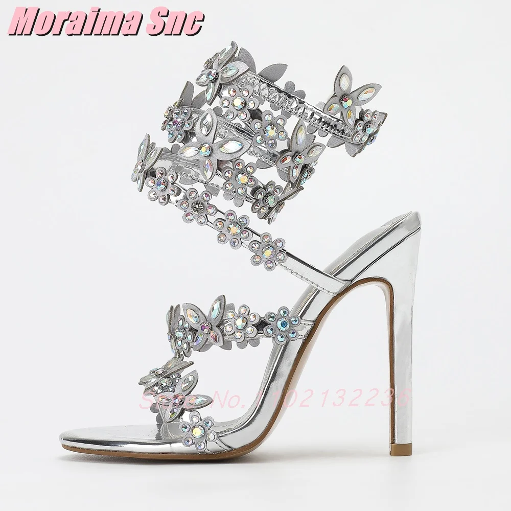 

Crystal Flower Butterfly Wrap Sandals Stiletto High Heel Sexy Luxury Fashion Women's Dress Shoes Summer Silver Solid 2025 Newest