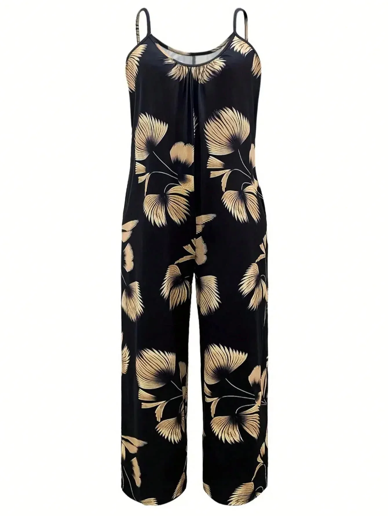 Damskie kombinezony plus size 1XL-5XL na wiosnę i lato, modne spodnie ogrodniczki z szerokimi nogawkami i nadrukiem liści, damskie codzienne długie ogrodniczki.
