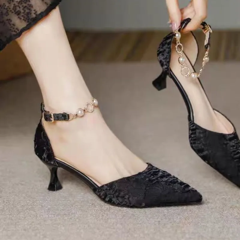 New Fashion Women's Pointed Toe Luxury Sequins Beaded Buckle Champagne Silver High Heel Sandals Party Wedding Shoes