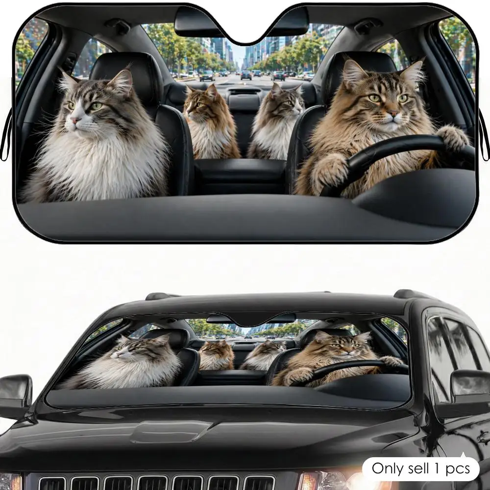 Maine Coon Cat Road Trip Sun Visor Foil Windshield Sunshades UV Protector & Heat Shield Car Front Window Foldable