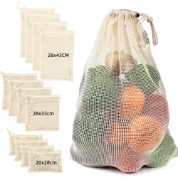 Reusable Mesh Cloth Bag for Vegetable and Fruit, Cotton Net Bag, Single Side Drawstring, Washable Cotton Rope, Produce Bags