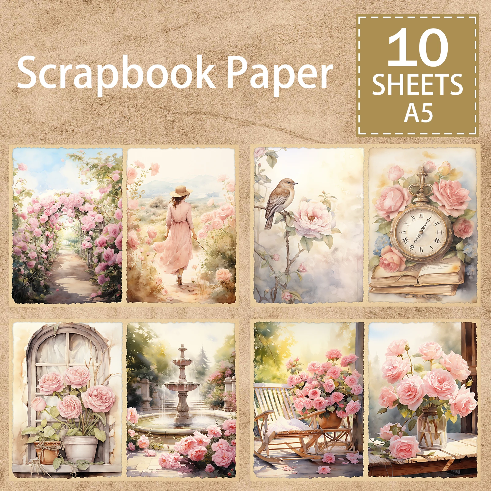 10 Sheets A5 Size Spring Girls Garden Background Vintage Grunge Journal Planning Scrapbooking