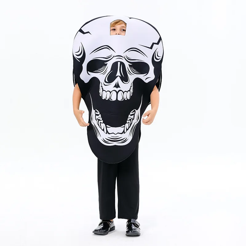 Unisex Kids Horror Black Giant Skull Heads Tunic Spooky Fancy Dress Up Adult Skull Mouth Head Family Halloween Costume