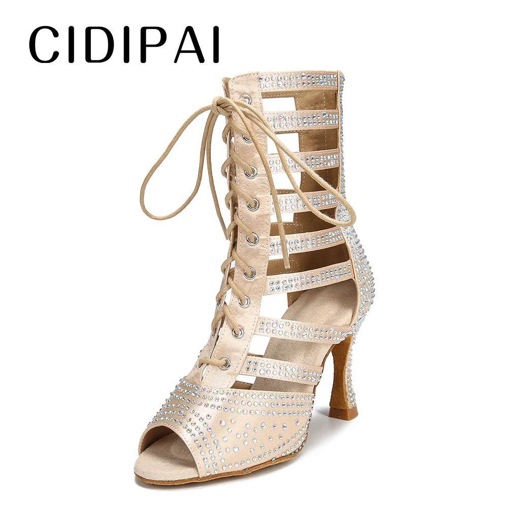 

CIDIPAI New Female High Top Dance Boots Ballroom Dancing Shoes Satin Latin Dance Shoes Soft-soled Party Dance Boots Cuban Heel