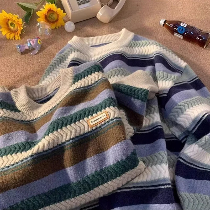 جديد 2025 سترات جاكار مخططة مزينة للرجال Y2K ملابس الشارع الشهير بلوفرات محبوكة غير رسمية مرقعة فضفاضة سحب أوم #2