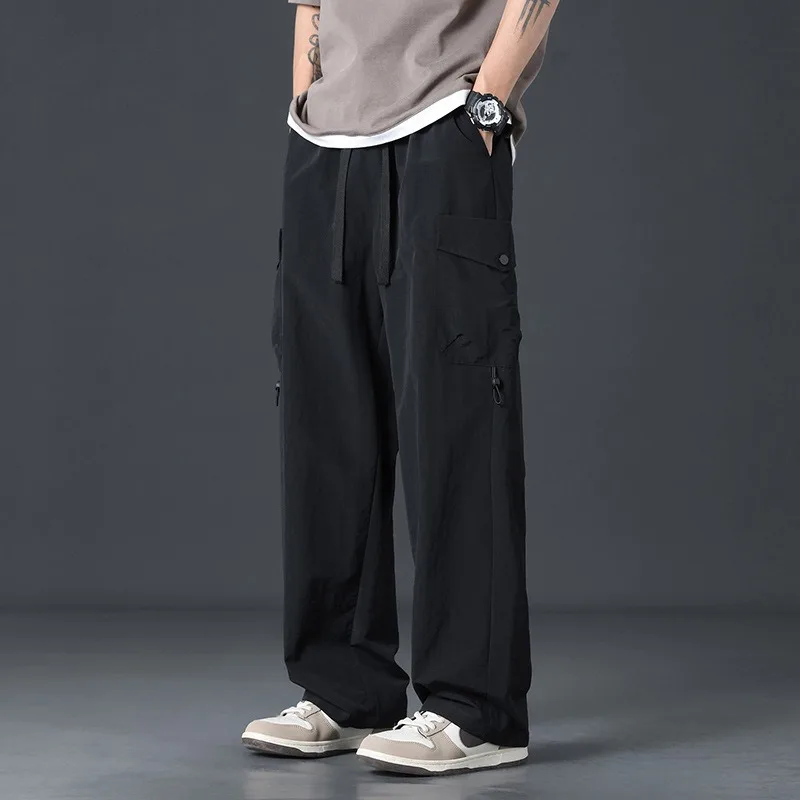 

Men Summer Assault Pants Men Loose Straight Cargo Casual Pants Men Full Length Drawstring Ice Silk Slacks Solid Color Trousers