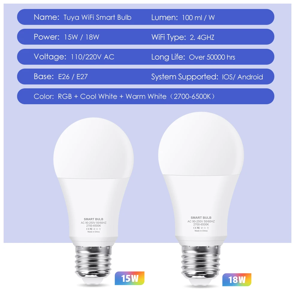 15W 18W WiFi Smart Light Bulb E26 E27 LED RGB Lamp Work with Alexa/Google Home Tuya Smart Life APP Dimmable RGB+White+Warm White