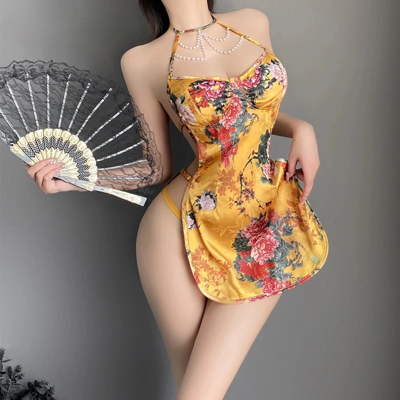 

Sexy Underwear Pearl Printed Cheongsam Dress Set Chinese Traditional Retro Improved Qipao Skirt Woman Lingerie Exotic Costumes