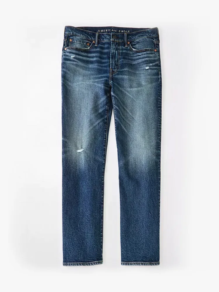 

Мужские джинсы свободного кроя в американском стиле, повседневные, с высокой талией, рваные, прямые, синие, из микроэластичного денима, для высоких мужчин