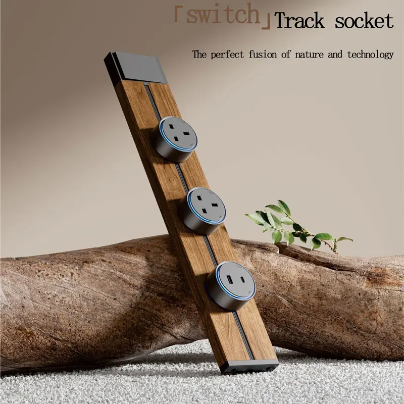 Surface-Mounted Wood Grain Track Socket with Master Control 1Gang Switch One-Button Power off Slide Rail for EU US UK USB Type-c