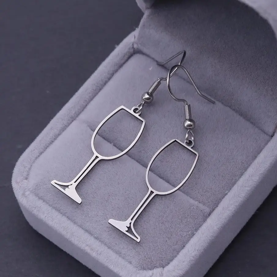 Stainless Steel Red Wine Glass Pendant Earrings For Women Minimalist Line Jewelry Ear Hook Trendy Female Simple Accessories