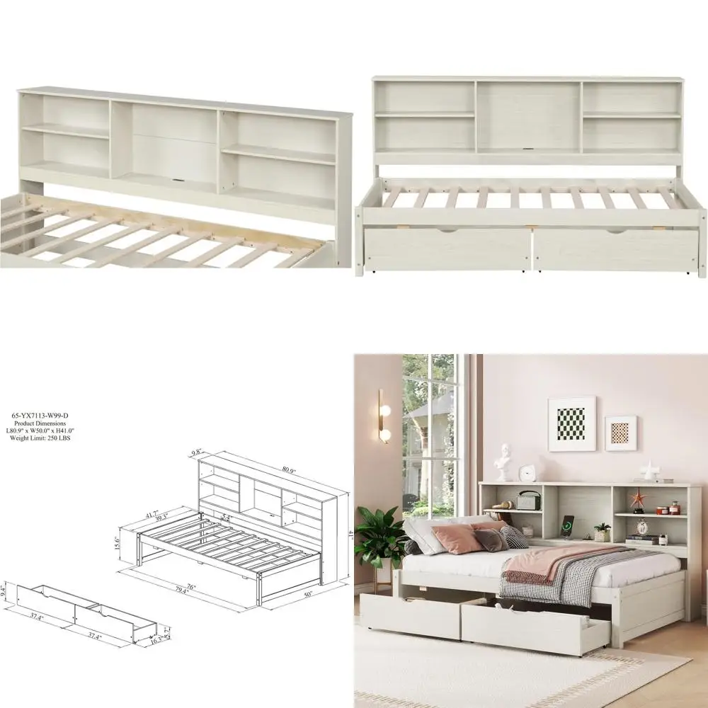 

Twin Size Daybed with Storage Drawers & Bookcase, Solid Wood Bed with USB Ports, Creamy White for Kids, Teens, Adults