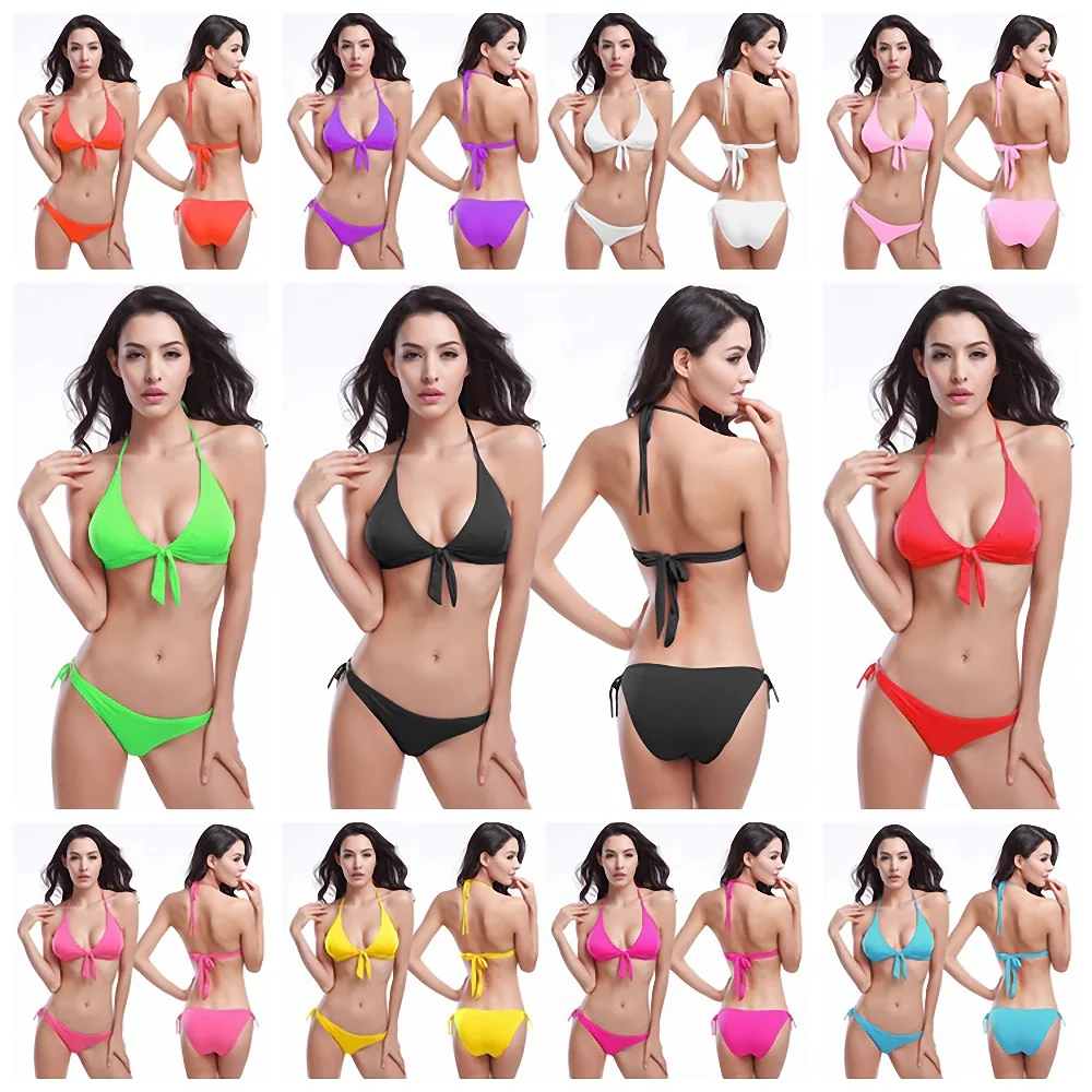 

Women's Bikini Two Piece Swimsuit Sexy Solid Stripe Swimwear Halter Bathing Suit Triangle Thong Tops Adjustable Straps Beachwear