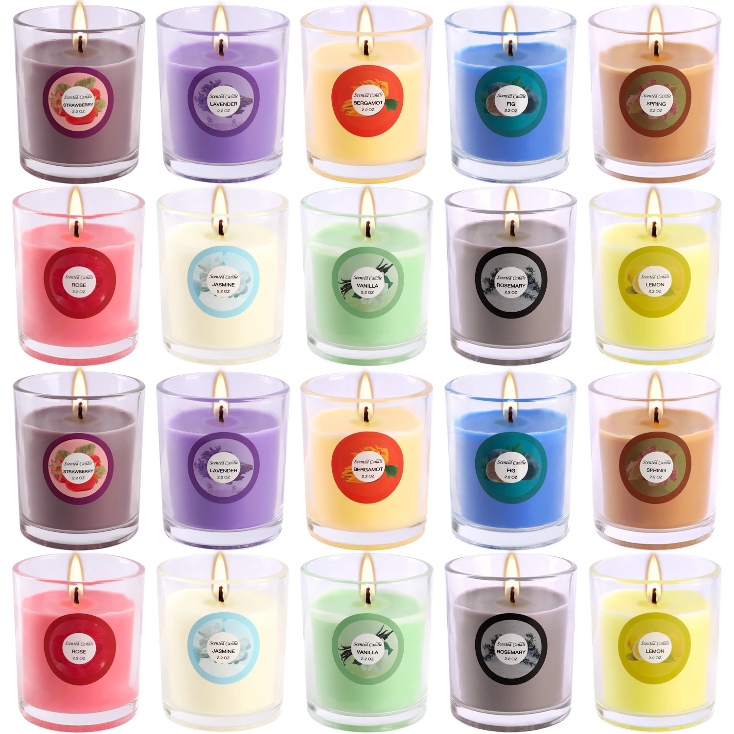 Velas de vidrio perfumadas de colores, 6,1x5,08 cm (aproximadamente 2,4x2,0 pulgadas), 20 piezas, 1 caja