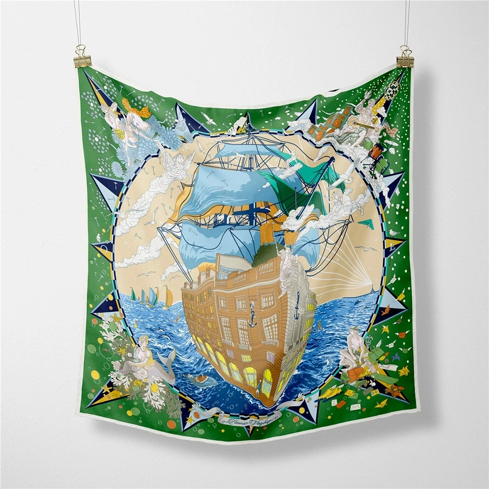 French 53cm New Dream Sailboat Women Twill Silk Scarf Versatile Decorative Square Necktie Small Scarf