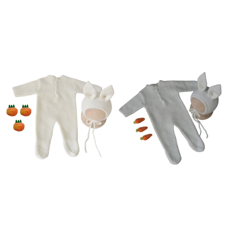 

N80C Newborn Photography Props Baby Girls Photo Romper Bodysuit Romper with Rabbit Ears Hat & Carrots set for Babies