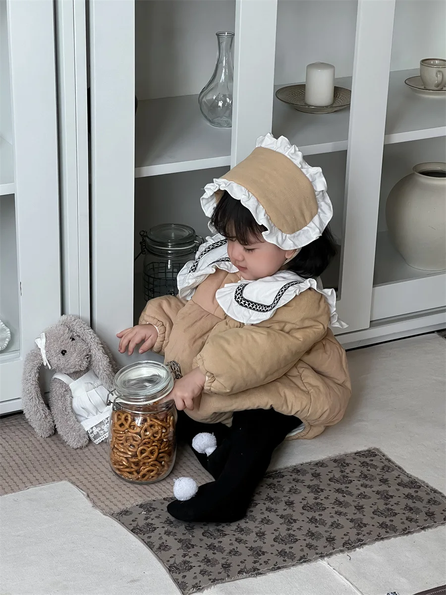 2024 Winter New Baby Girl Large Lapel Fleece Bodysuit + Hat Plus Velvet Thick Newborn Cotton Jumpsuit Infant Warm Clothes 0-24M