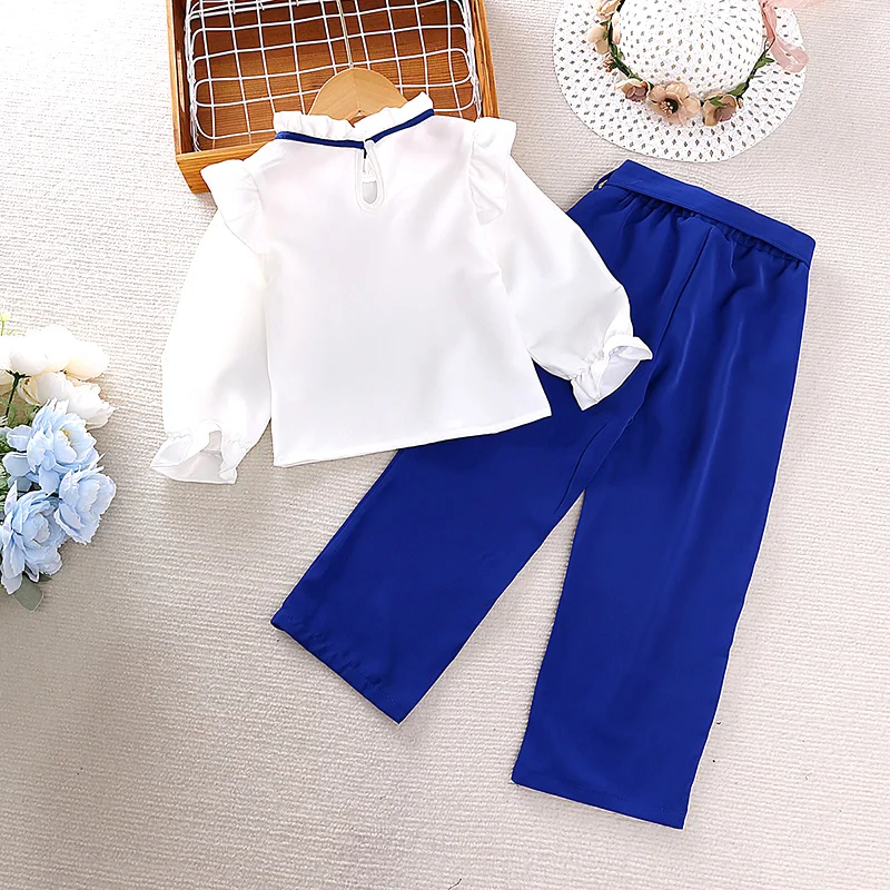 Girls Sets 4-7 Years Girls Blue Pants + White Long Sleeve Top Fahion Style Four Seasons Costume Two-Piece Set