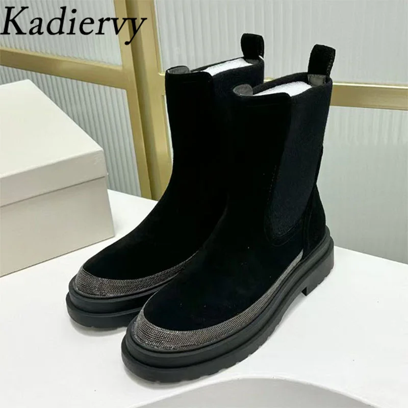 New Flat Motorcycle Boots Woman Round Toe Slip-on Ankle Boots String Bead Thick Sole Shoes Woman Suede Leather Short Boots Woman