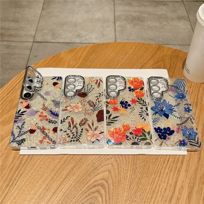 

Luxury Glitter Clear blue light Green leafy Fresh Flower Sparkling Phone Case for Samsung S23 Plus S24 S25 Ultra S26 Ultra Cover