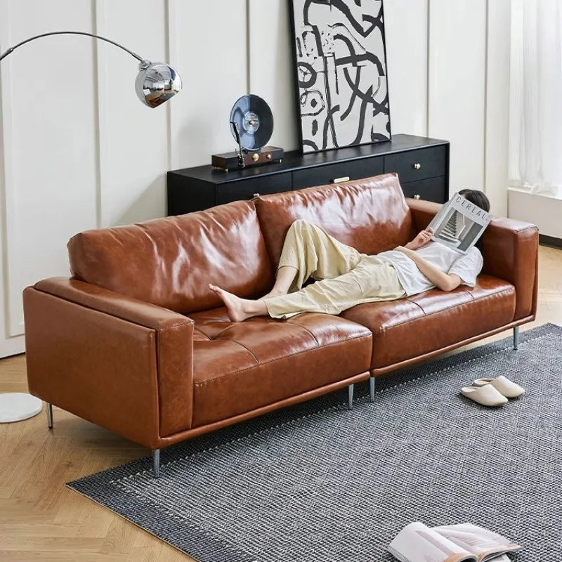 

Minimalist leather sofa living room light luxury caramel color first layer cowhide straight row sofa