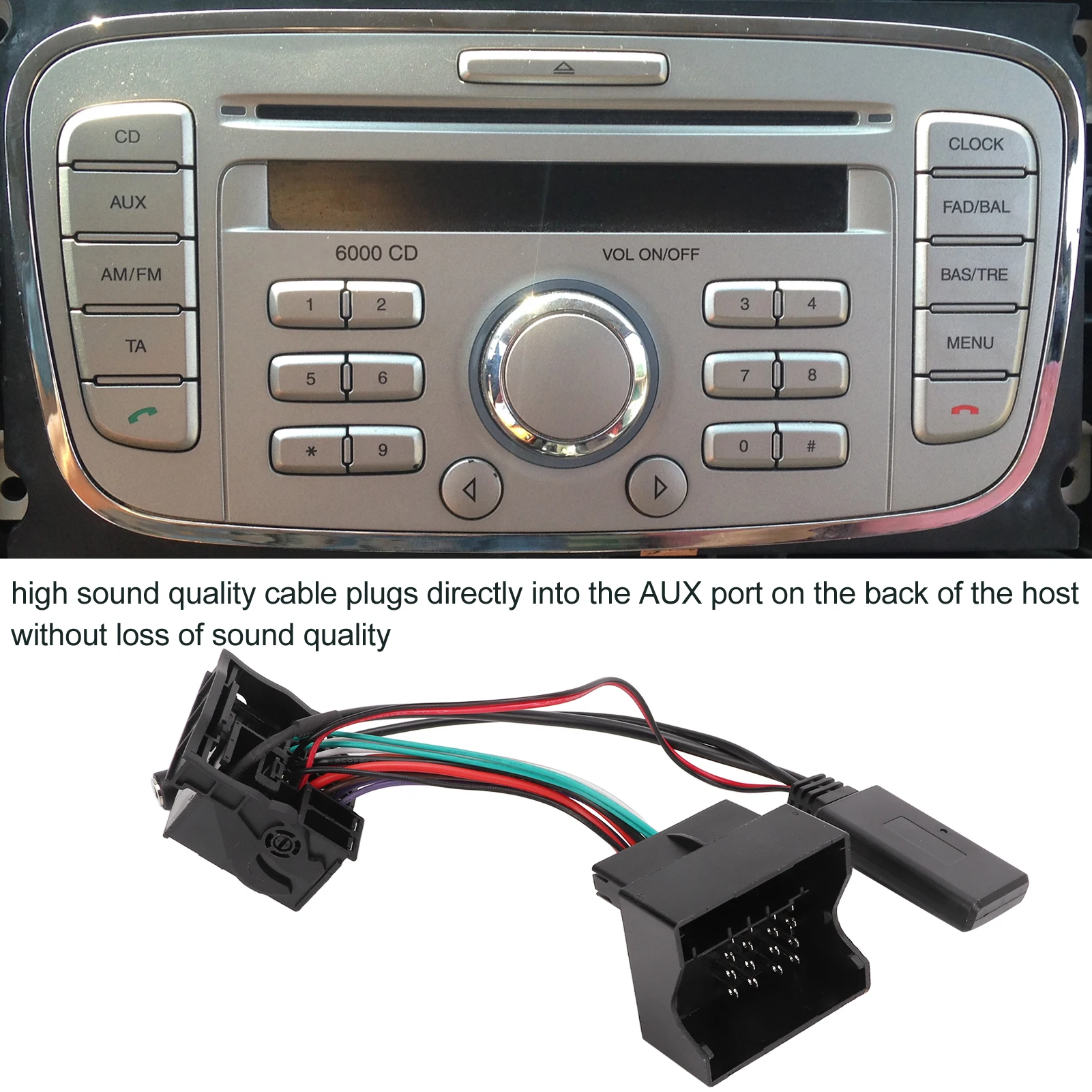 

Bluetooth 5.0 Wireless Audio Adapter Aux In Cable With Microphone Replacement For Ford Focus Mondeo Fiesta Fusion 6000CD